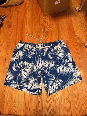 Blue Tropical Leaf Print Swim Trunks